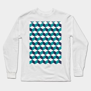 Geometric Cube Pattern - Turquoise, White, Blue Concrete Long Sleeve T-Shirt